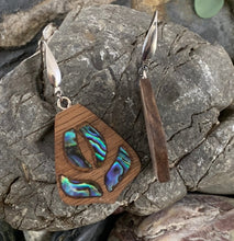 Load image into Gallery viewer, Peacock Inspired Natural Walnut Wood Inlayed with Abalone Shell Earrings