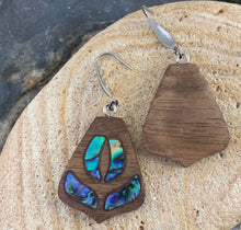 Load image into Gallery viewer, Peacock Inspired Natural Walnut Wood Inlayed with Abalone Shell Earrings