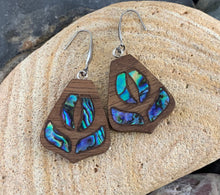 Load image into Gallery viewer, Peacock Inspired Natural Walnut Wood Inlayed with Abalone Shell Earrings